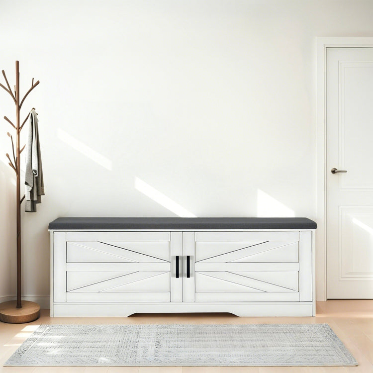 2 Tier Storage Bench, Farmhouse Shoe Bench With Padded Seat Cushion, Entryway Bench With 2 Barn Doors & 2 Adjustable Shelves, 13.75" D X 39.4" W X 17.72" H, For Entryway, Bedroom, Living Room, White