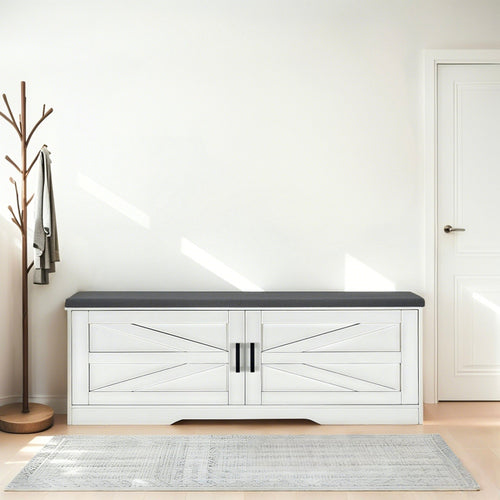 2 Tier Storage Bench, Farmhouse Shoe Bench With Padded Seat Cushion, Entryway Bench With 2 Barn Doors & 2 Adjustable Shelves, 13.75" D X 39.4" W X 17.72" H, For Entryway, Bedroom, Living Room, White