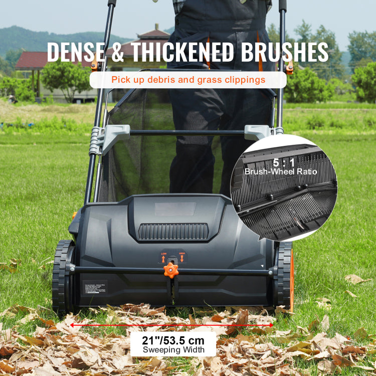 Push Lawn Sweeper, 21 Inch Leaf & Grass Collector, Strong Rubber Wheels & Heavy Duty Thickened Steel Durable To Use With Large Capacity 3.5 Cu. Ft. Mesh Collection Hopper Bag, 2 Spinning Brushes