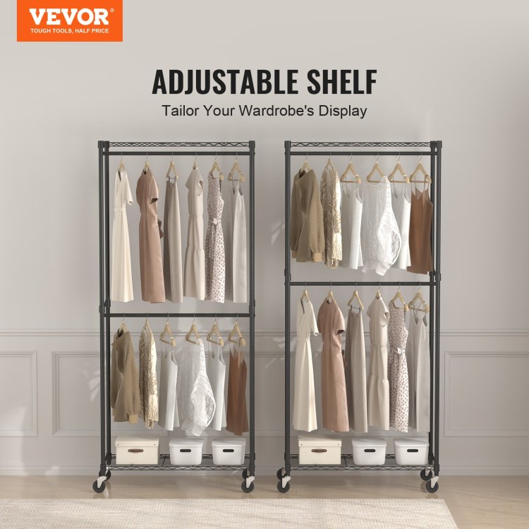 Heavy Duty Clothes Rack, Double Hanging Rods Clothing Garment Rack With Bottom And Top Storage Tier, Rolling Clothing Rack For Hanging Clothes, 1'' Diameter Thicken Steel Tube Hold Up To 300Lbs