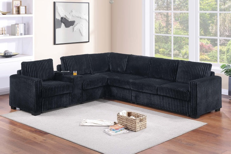Modern Style L Shape 4Pc Sectional Set Reversible Loveseat Usb Ports Cup Holder Armless Chair Plastic Legs Corduroy Upholstered Black Finish Primary Living Room