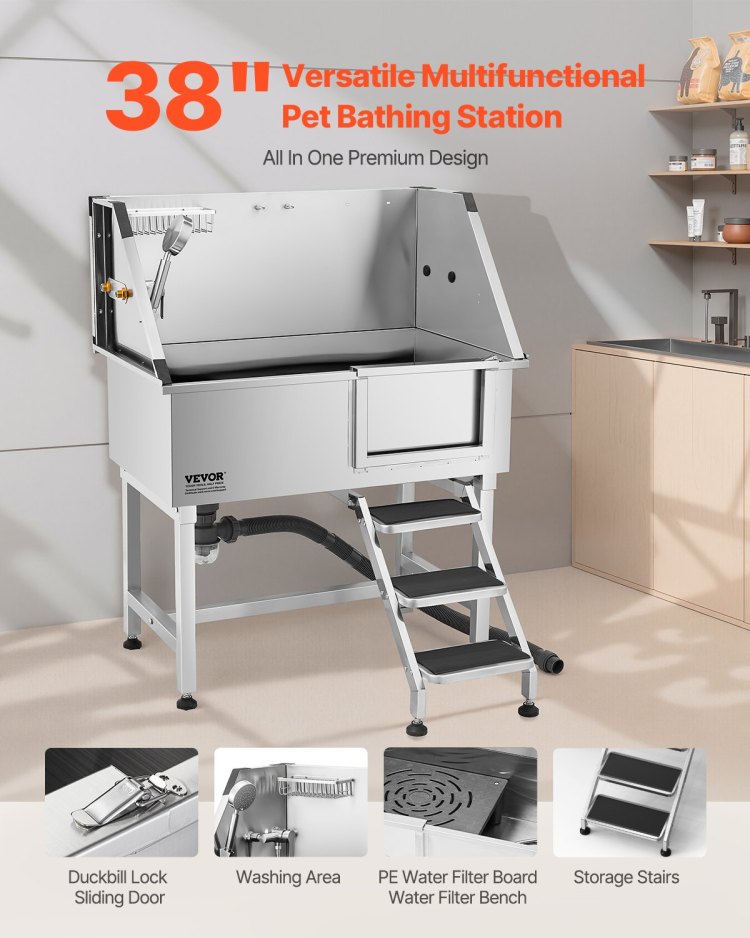 38" Dog Grooming Bath Tub Stainless Steel W Stairs Faucet Showerhead