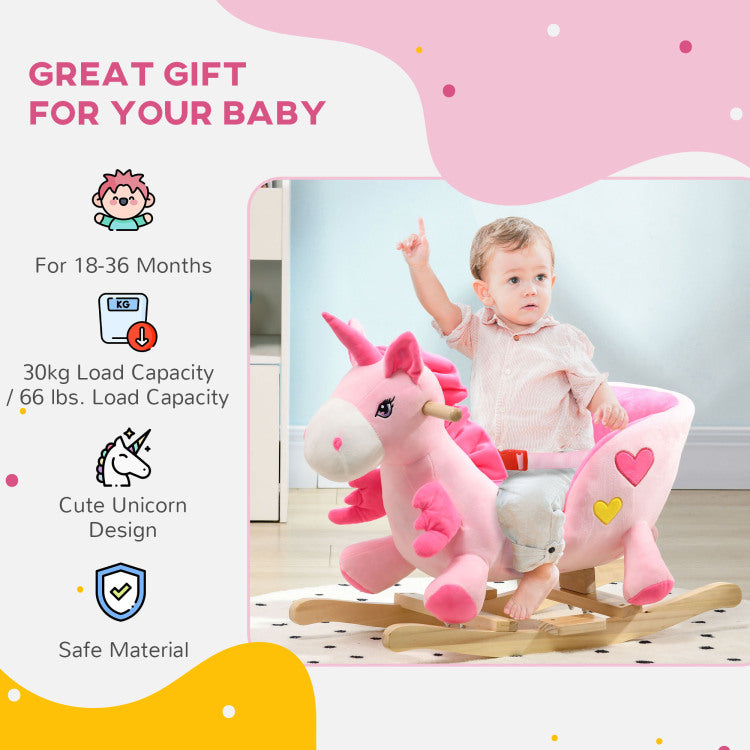 Qaba Baby Rocking Horse, Ride On Unicorn With 32 Songs, Toddler Rocker Toy With Wooden Base Seat Safety Belt For 1.5 3 Year Old, Pink