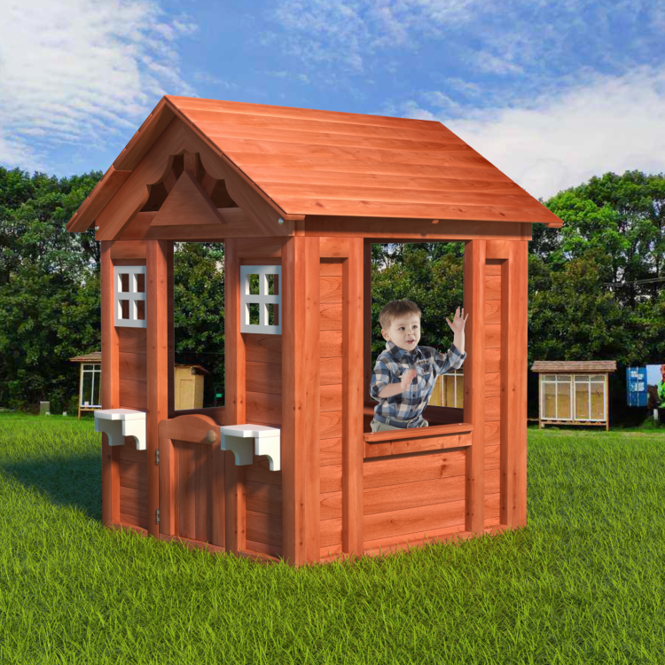 Wooden Kids Playhouse With 2 Windows And Flowerpot Holder,42"Lx46"Wx55"H,Golden Red