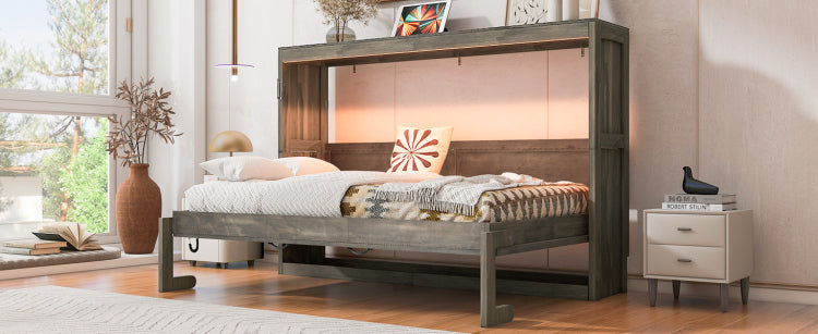 Twin Size Murphy Bed With Led Light,Can Be Folded Into A Cabinet,Hidden Wall Bed Cabinet,Brown