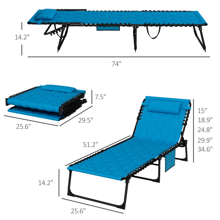 Outsunny Folding Chaise Lounge Set With 5 Level Reclining Back, Outdoor Lounge Tanning Chair With Padded Seat, Side Pocket & Headrest For Beach, Yard, Patio, Sky Blue