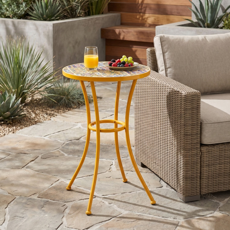 Outdoor Side Table With Tile Mosaic Table Top And Metal Legs, Yellow
