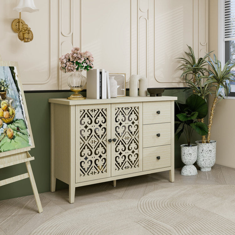 Hollowed Out Cabinet With 2 Door 3 Drawers, American Furniture, Suitable For Bedroom, Living Room, Study