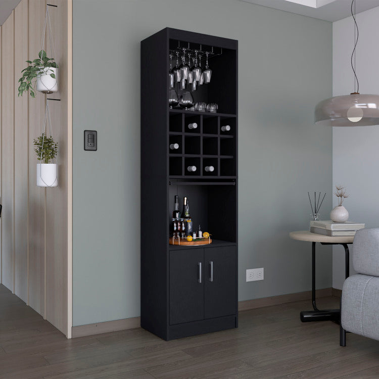 Kevil 71 Inch Tall Bar Cabinet 5 Tier Modern Bar Cabinet With Glass Holder Stemware Rack, Wine Cabinet, Liquor Cabinet, 12 Bottle Cubbies, 5 Shelves, And Pull Out Tray