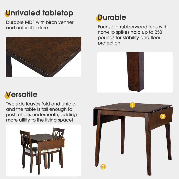 3 Piece Kitchen Dining Set With Drop Leaf Dining Table And 2 Dining Upholstered Chairs, Dining Room Set For Small Places, Brown