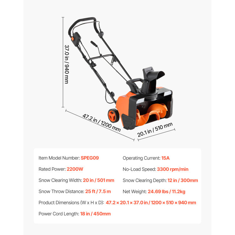 Electric Snow Blower, 20 Inch 15A Corded Snow Thrower With Dual Led Headlights & 180 Rotating Chute, 25Ft Throwing Distance, 12" Depth Clearing, Walk Behind Snowblower For Driveway Sidewalk