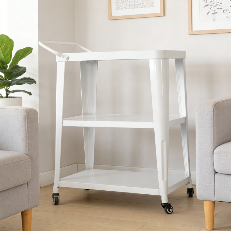 3 Tiered Metal Frame, Industrial Dining Cart With Swivel Wheels, White