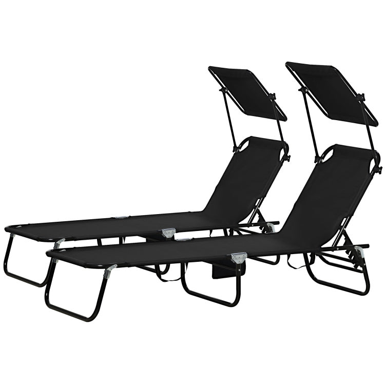 Outsunny Folding Chaise Lounge Pool Chairs, Outdoor Sun Tanning Chairs With Canopy Shade, Reclining Back, Steel Frame And Side Pocket For Beach, Yard, Patio, Black
