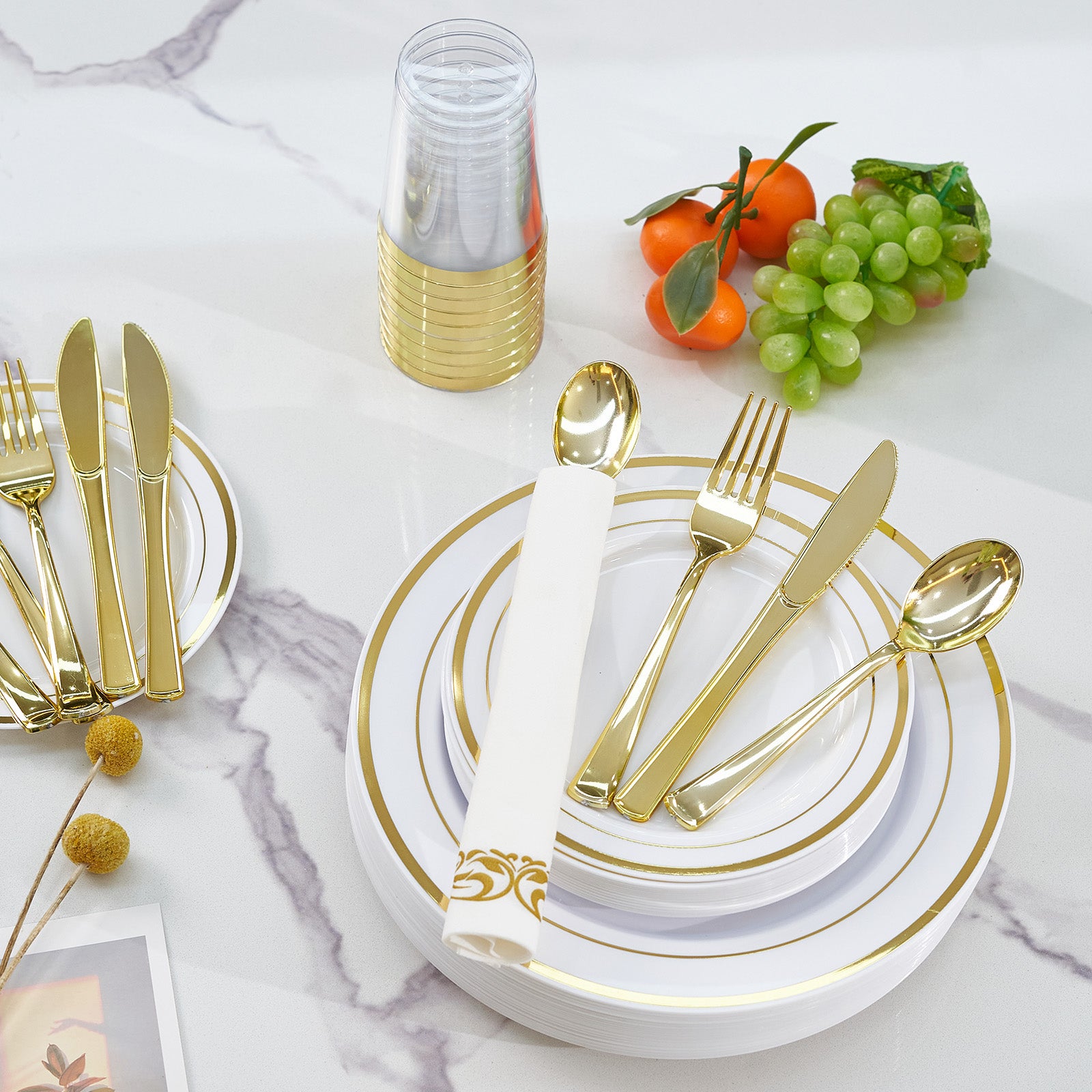 350 Pieces Gold Disposable Plates For 50 Guests, Disposable Plastic Plates For Party, Wedding, Dinnerware Set Of 50 Dinner Plates, 50 Salad Plates,50 Cups And 50 Paper Napkins, Gold