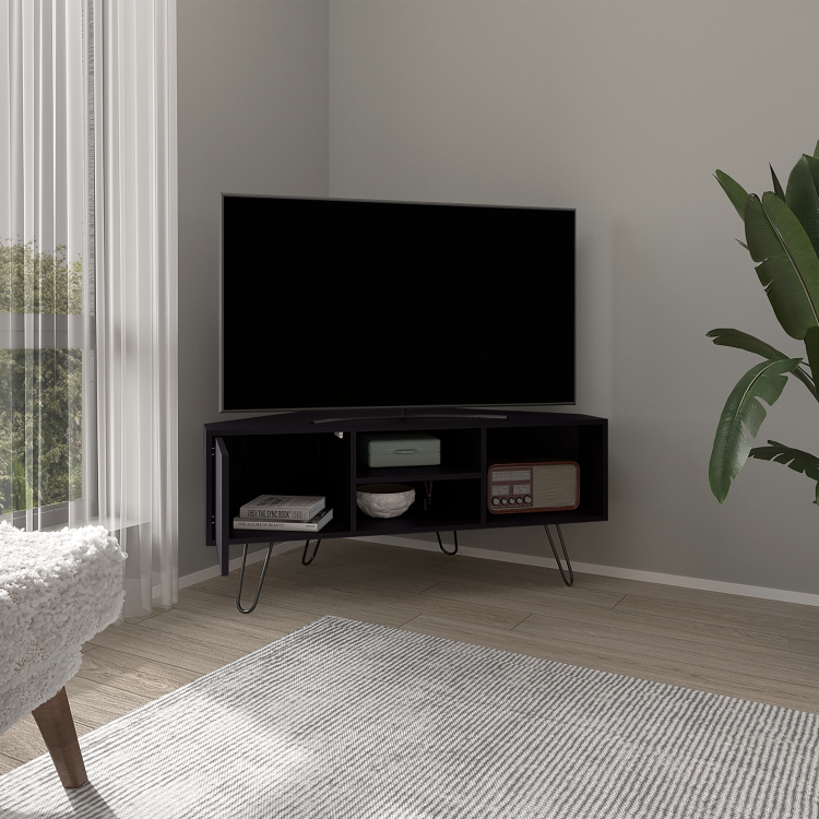 Tv Stand, 1 Door, 3 Shelves, 4 Legs, Black