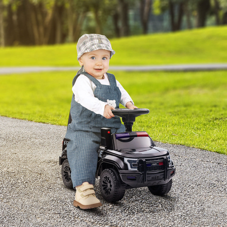 Aosom Kids Push Ride On Car With Working Pa System And Horn, Police Truck Style Foot To Floor Sliding Car For Boys And Girls With Under Seat Storage, For 18 Months To 5 Years Old, Black