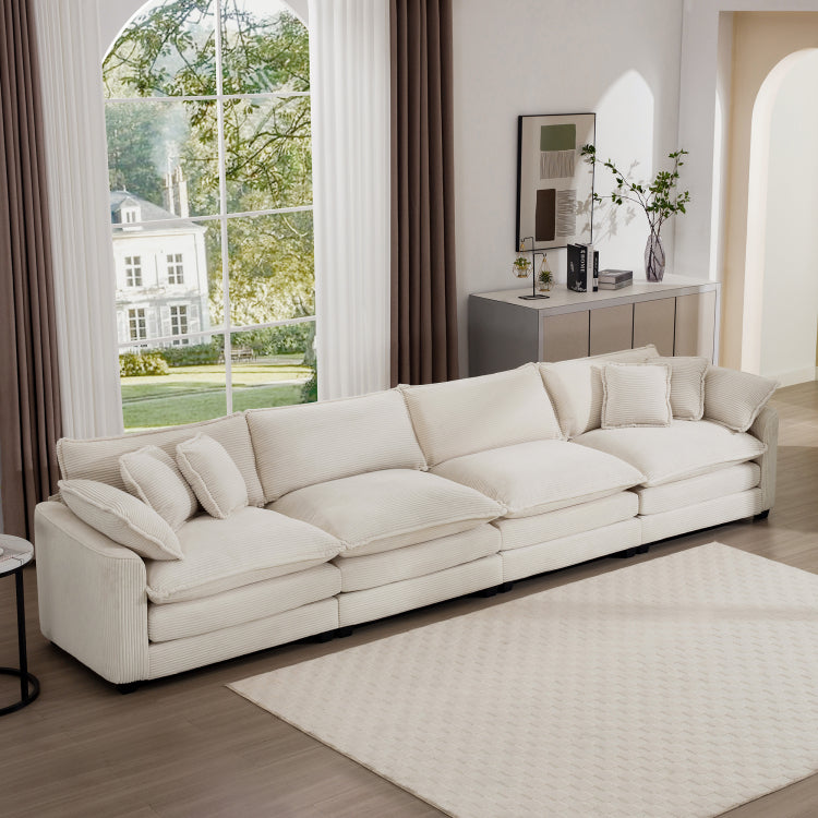 Modern Upholstered 4 Seater Fabric Sofa With Comfortable Back Cushions, Seat Cushions And Pillows, Light Beige Corduroy Sofa