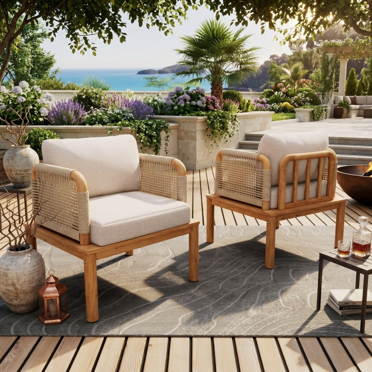 Outdoor Acacia Wood And Rope Club Chair With Cushions Set Of 2 Mp2