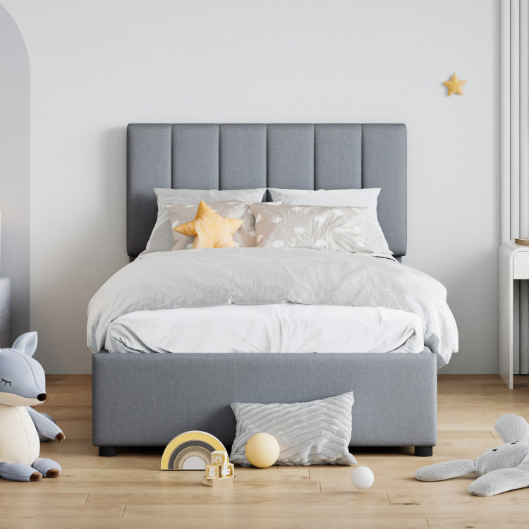 Twin Size Upholstered Platform Bed With A Hydraulic Storage System, Gray