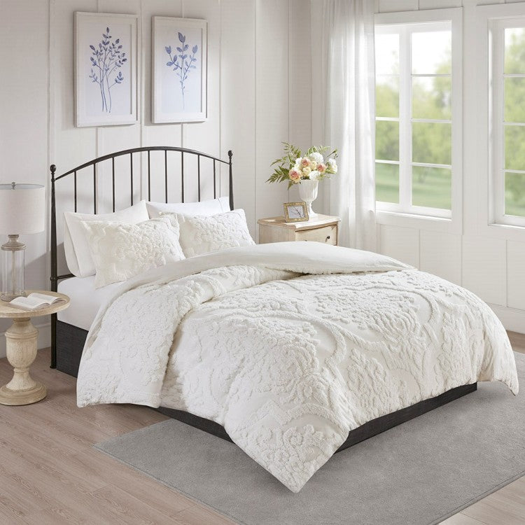Full Queen 3 Piece Tufted Cotton Chenille Damask Duvet Cover Set