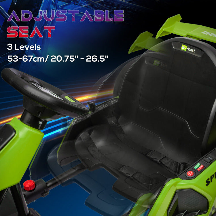 Aosom 24V 7.5 Mph Electric Go Kart With Adjustable Seat, Drifting Car Battery Powered Ride On Toy Outdoor With Slow Start, Button Start, Music, Honking Horn, Lights, For 6 12 Years Old, Green