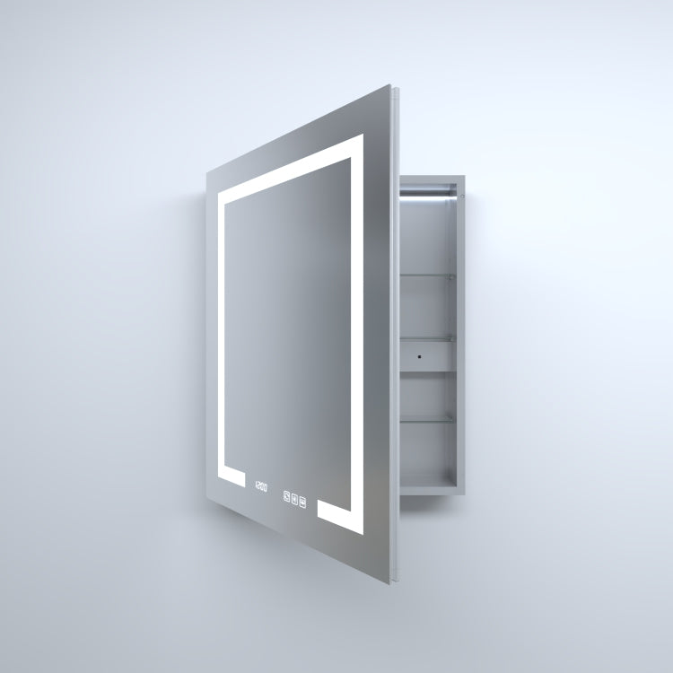 24 In. W X 30 In. H Rectangular Silver Aluminum Recessed Surface Mount Left Medicine Cabinet With Mirror Led And Clock