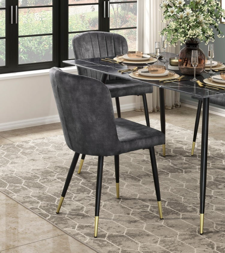 Modern Design Home Furniture Chairs Set Of 2, Charcoal Hued Velvet Upholstery Channel Tufting Black Metal Legs With Gold Finish Accent
