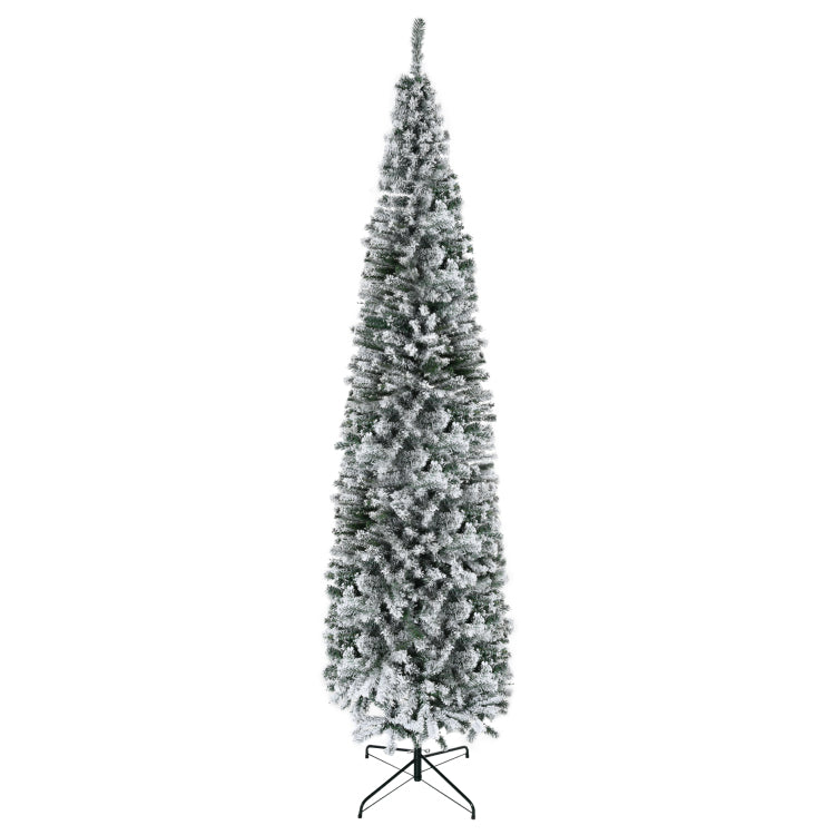 Homcom 9' Tall Unlit Snow Flocked Slim Artificial Christmas Tree With Realistic Branches And 1014 Tips