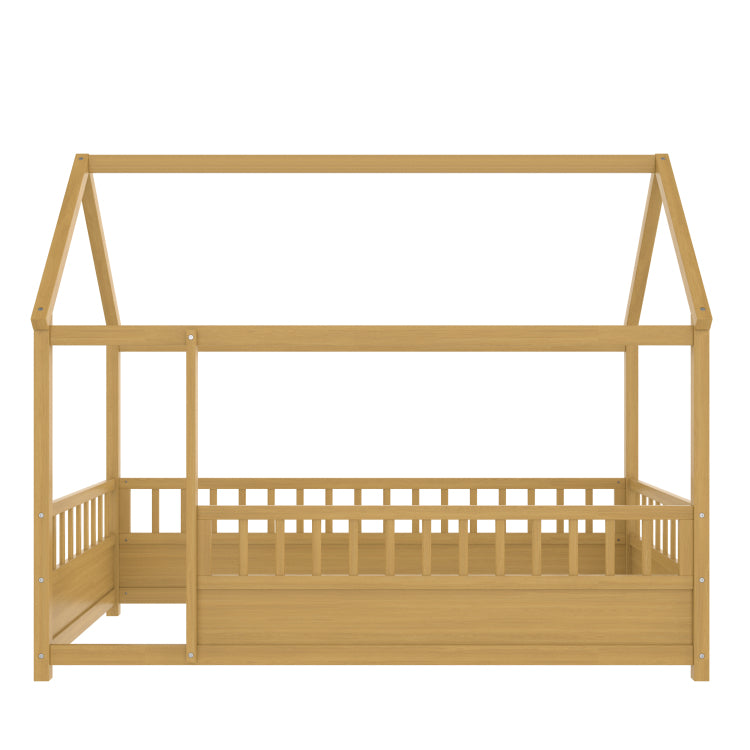 Twin Size Floor Wooden Bed With House Roof Frame, Fence Guardrails, Twin,Natural