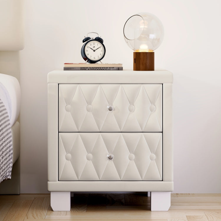Elegant Velvet Nightstand With 2 Drawers And Crystal Handle, Storage Bedside Table With Button Tufted, Beige