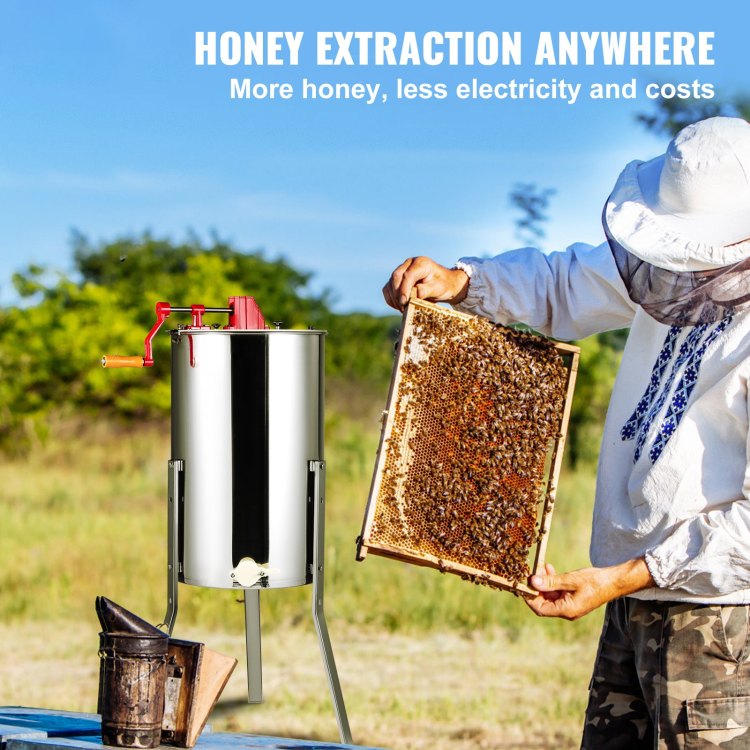 Manual Honey Extractor, 2 4 Frames Honey Spinner Extractor, Stainless Steel Beekeeping Extraction, Honeycomb Drum Spinner With Lid, Apiary Centrifuge Equipment With Height Adjustable Stand