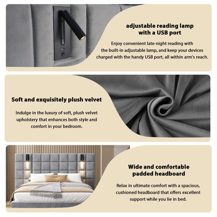 California King Size Upholstered Bed Frame,With Wall Sconce And Usb Port, Wide Headboard, Velvet, Gray
