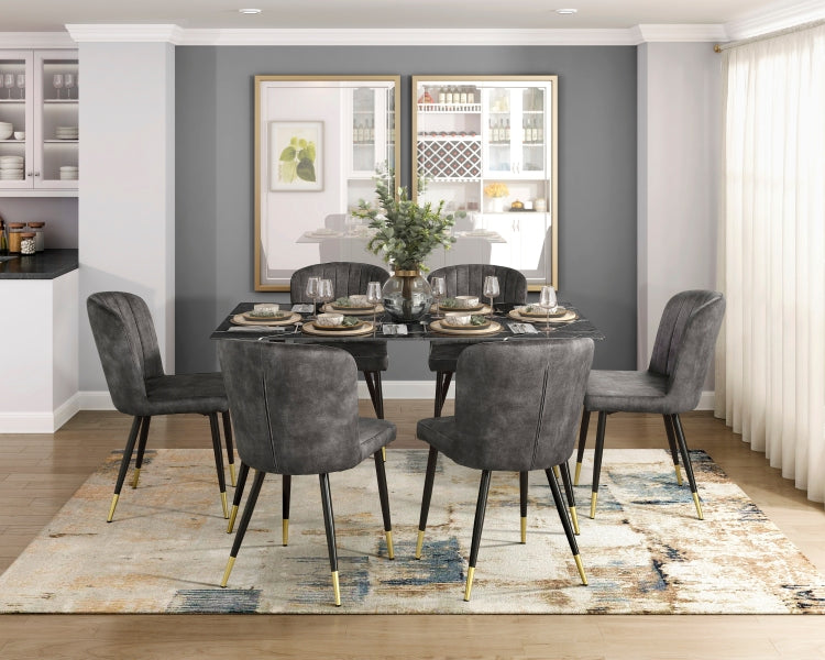 Modern Design Home Furniture Chairs Set Of 2, Charcoal Hued Velvet Upholstery Channel Tufting Black Metal Legs With Gold Finish Accent