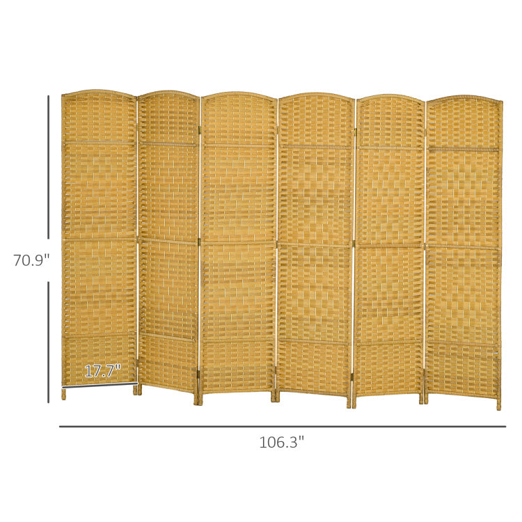 Homcom 6 Panel Room Divider, 6' Tall Folding Privacy Screen, Hand Woven Freestanding Wall Partition For Home Office, Bedroom, Nature Wood