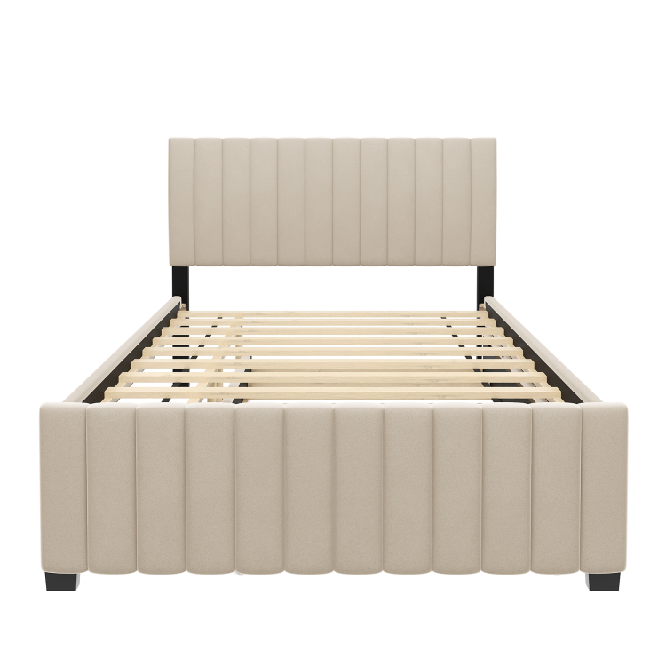 Full Size Velvet Upholstered Platform Bed With Twin Size Trundle, Beige