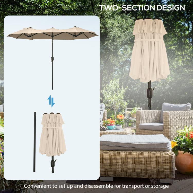 Outsunny Double Sided Patio Umbrella 9.5' Large Outdoor Market Umbrella With Push Button Tilt And Crank, 3 Air Vents And 12 Ribs, For Garden, Deck, Pool, Brown