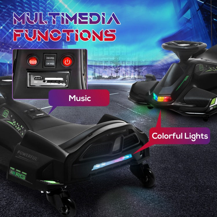 Aosom 12V Electric Go Kart, 5 Mph Drifting Car, Battery Powered Ride On Toy Outdoor With Slow Start, Music, Colorful Lights, For 8 12 Years Old, Black
