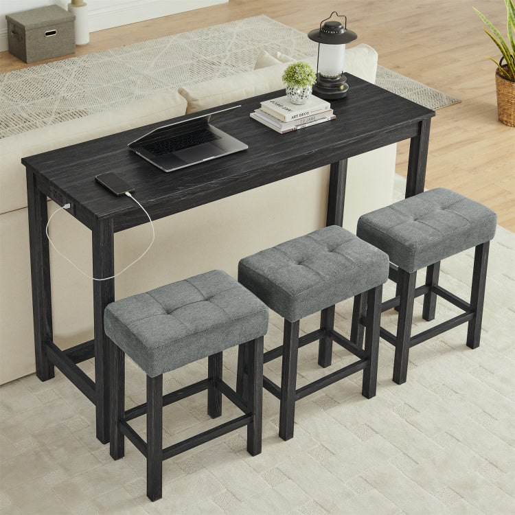 59 Inch Bar Table, Dining Table, Sofa Table With Power Outlet, 3 Upholstered Stools, 4 Piece Bar Table And Chair Set For Living Room, Dining Room, Kitchen
