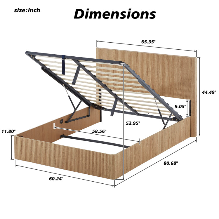 Queen Size Lift Up Storage Bed Frame, Wooden Corrugated Curved Lines, Hydraulic Storage No Box Spring Needed, Oak