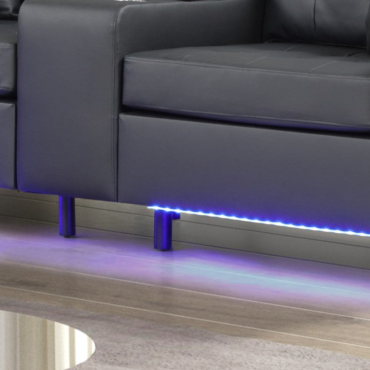 Genesis 85"W Black Pvc Fabric Sofa With Led Lights, Usb Charger, Storage Console, Cupholders, Tufted Cushions
