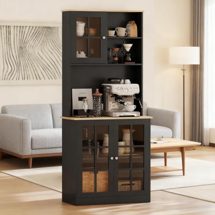 Freestanding Cabinet,Kitchen Pantry Storage Cabinet,Large Countertop, Glass Doors And Adjustable Shelves For Dining Room