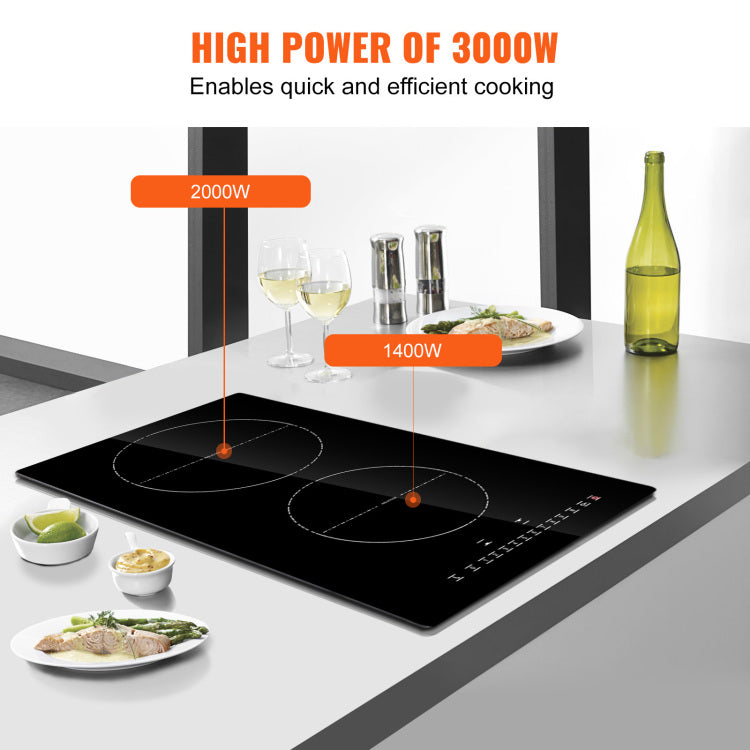 Electric Cooktop, 2 Burners, 12'' Induction Stove Top, Built In Magnetic Cooktop 3000W, 9 Heating Level Multifunctional Burner, Led Touch Screen W Child Lock & Over Temperature Protection