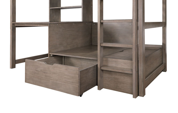 Modern Transitional Twin Over Workstation Loft Bed With Storage Box Attached Ladder Workstation And Bookcase, Warm Grey