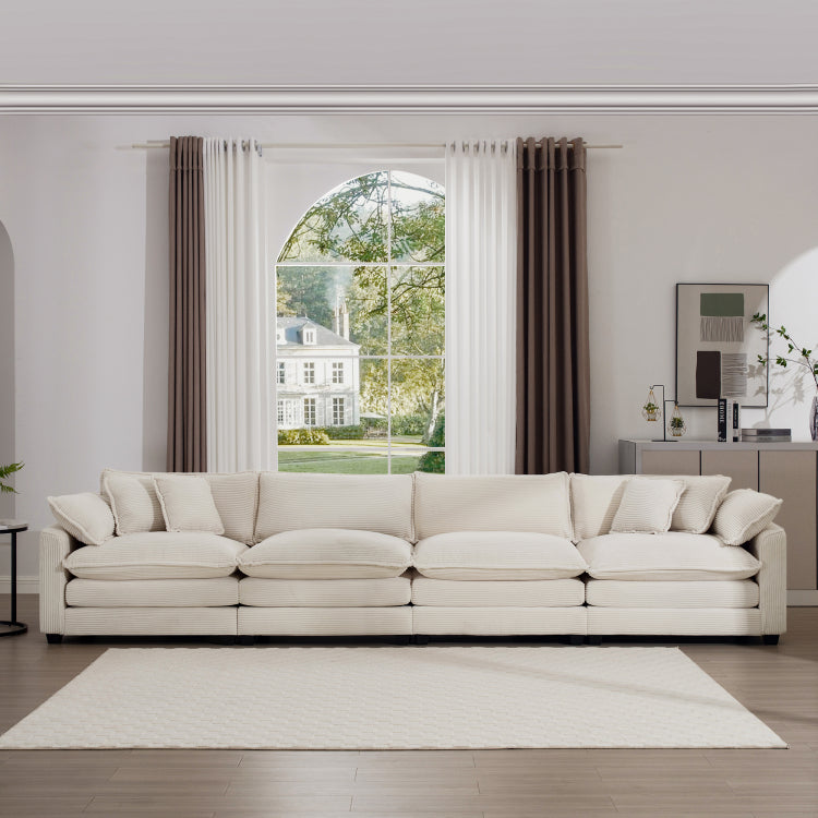 Modern Upholstered 4 Seater Fabric Sofa With Comfortable Back Cushions, Seat Cushions And Pillows, Light Beige Corduroy Sofa