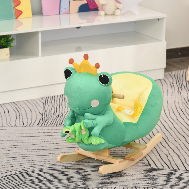 Qaba Kids Ride On Rocking Horse Toy Frog Style Rocker With Fun Music, Seat Belt & Soft Plush Fabric Hand Puppet For Children 18 36 Months