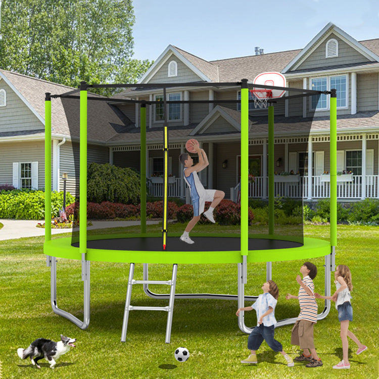 10Ft Trampoline For Kids, Basketball Hoop And Ladder, Outdoor Kids Trampoline With Safety Enclosure,Fast Assembly For Backyard Fun,Astm Approved