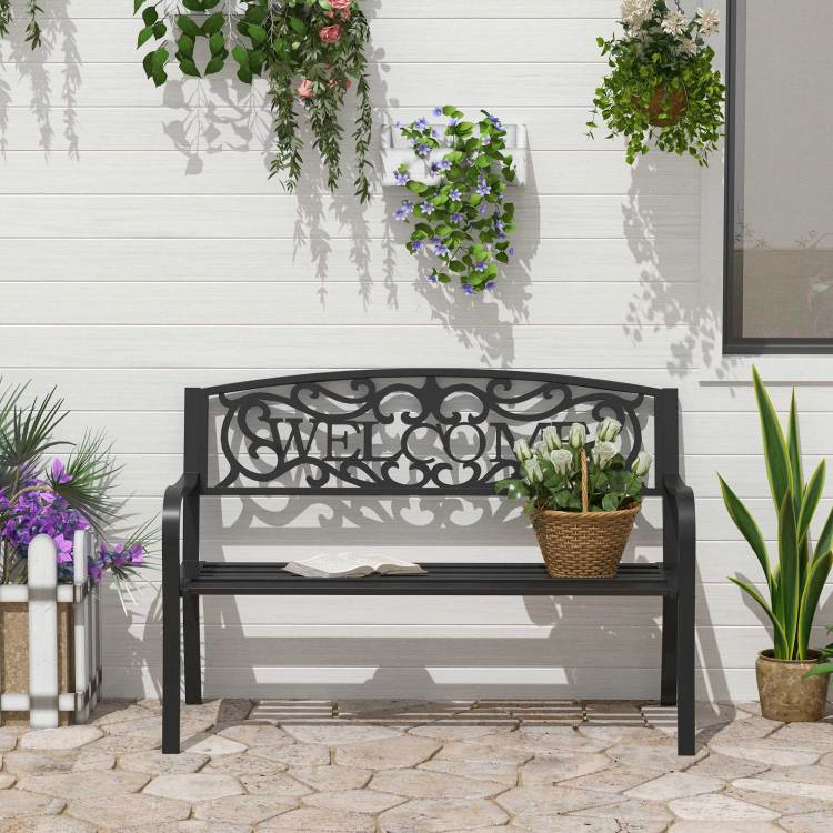 Outsunny 50" Outdoor Metal Welcome Bench, Garden Bench With Slatted Seat, Patio Bench For Park, Porch, Yard, Entryway, Black