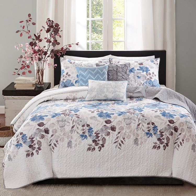 6 Piece Printed Quilt Set With Throw Pillows Blue Full Queen