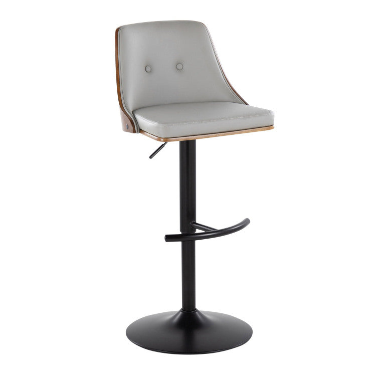 Mid Century Modern Adjustable Barstool With Swivel In Black Metal, Walnut Wood And Light Grey Faux Leather With Rounded T Footrest Set Of 2