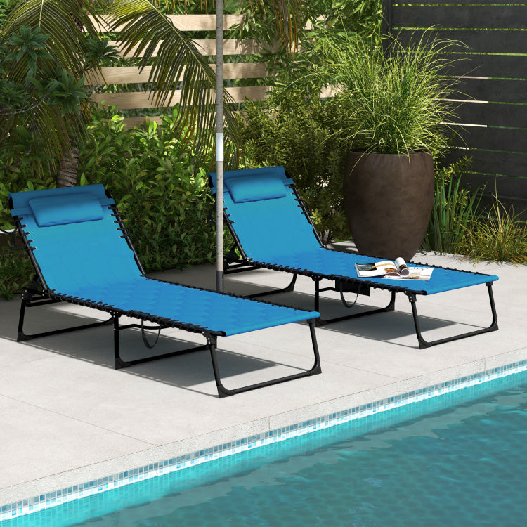 Outsunny Folding Chaise Lounge Set With 5 Level Reclining Back, Outdoor Lounge Tanning Chair With Padded Seat, Side Pocket & Headrest For Beach, Yard, Patio, Sky Blue